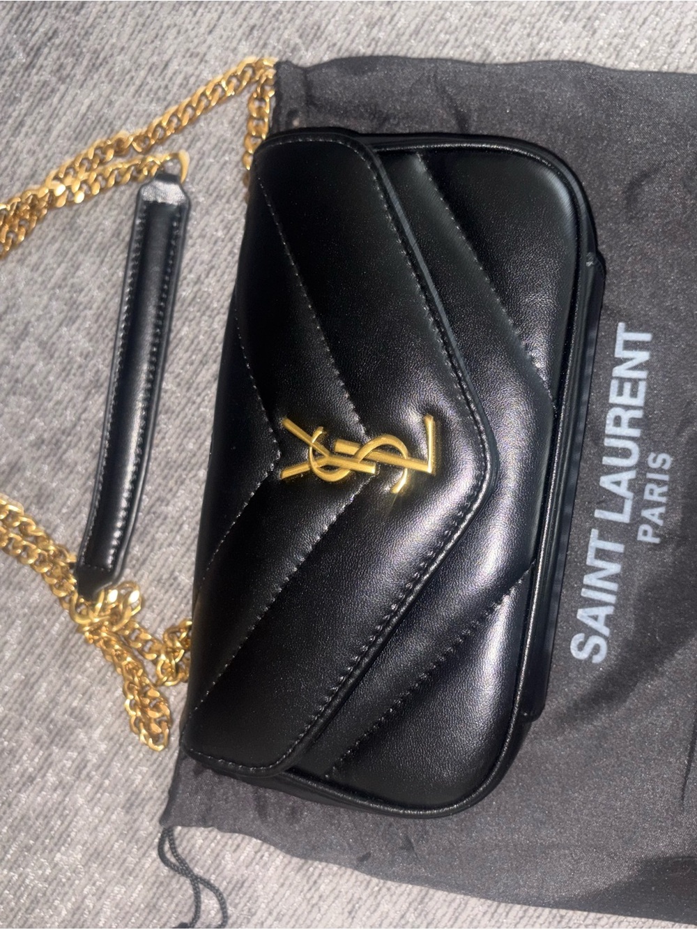 Saint Laurent Black Leather Quilted Wallet-on-Chain with Gold Logo